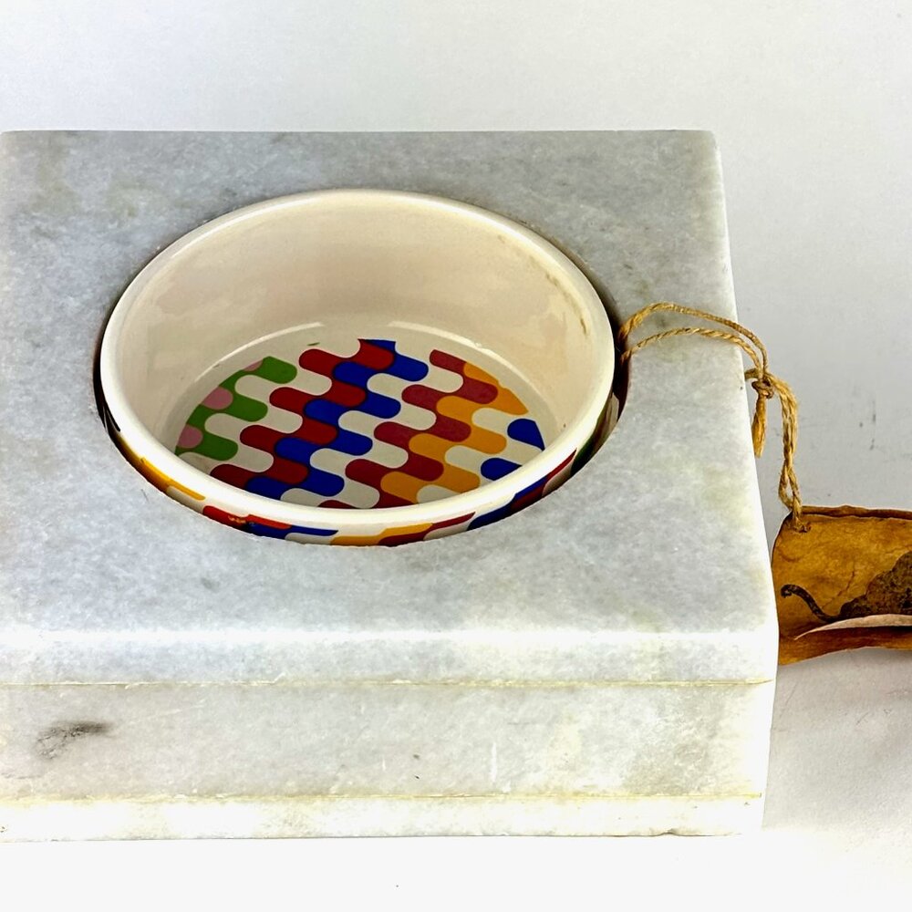 NWT Handcrafted Marble Dog Bowl Stand with Colorful Ceramic Dish 6.5 lbs